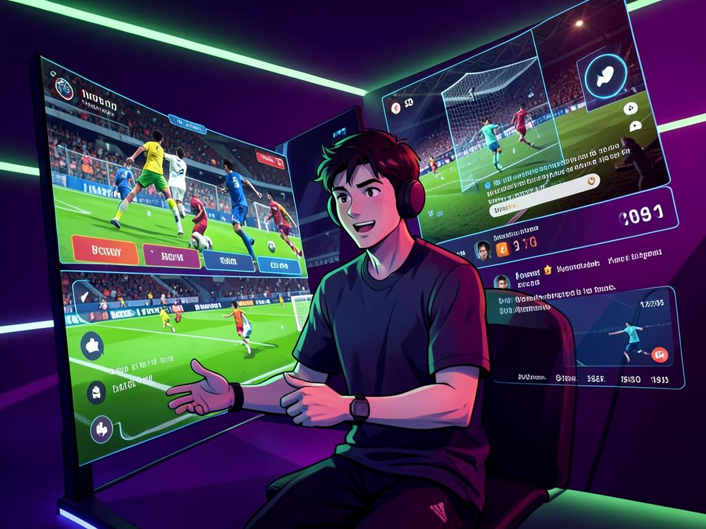 Ilustração de apresentador digital transmitindo esportes ao vivo em várias telas